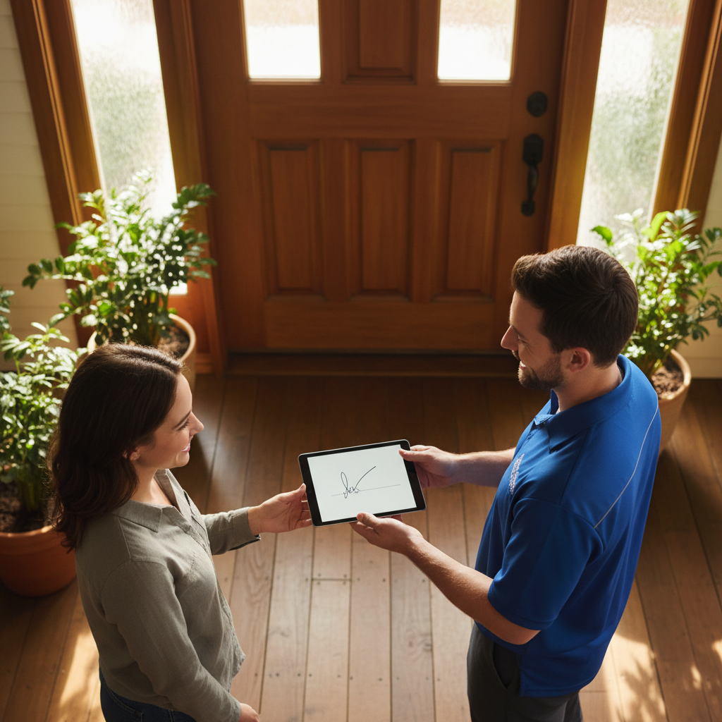 Efficient field operations and digital documentation help capture every billable moment. A service technician handing a tablet to a customer at their door during a warm daylight interaction.