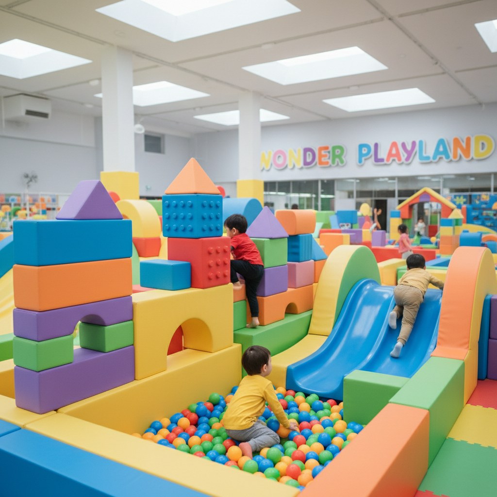 Dedicated soft play zones ensure that even the youngest preschoolers have a safe space to explore. Soft padded foam shapes and structures in a dedicated toddler play zone within an indoor playground.