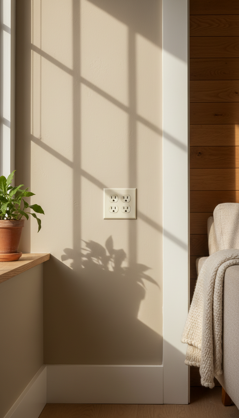 Modern remodels include sensitive electronics that require protection from internal power surges. A clean electrical outlet plate on a freshly painted wall in a residential remodel.