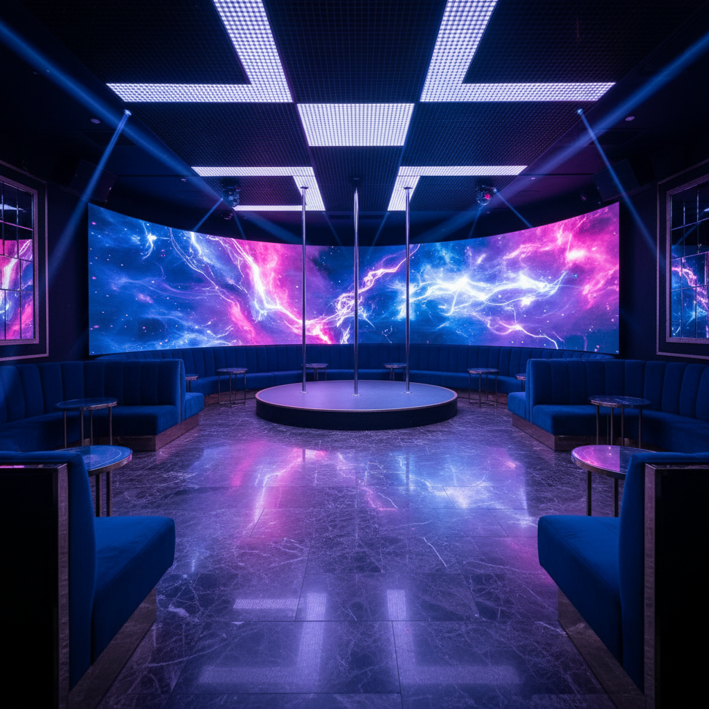 I club più esclusivi di Barcellona offrono un design moderno e un'atmosfera vibrante. Interno di uno strip club di lusso a Barcellona con luci neon viola e pali in metallo lucido.