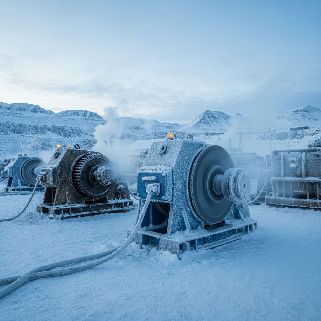 Remote and northern sites face compounded challenges where grid access and climate extremes intersect. PMDD-equipped industrial pump operating in heavy snow and frost at a northern Canadian remote mining site