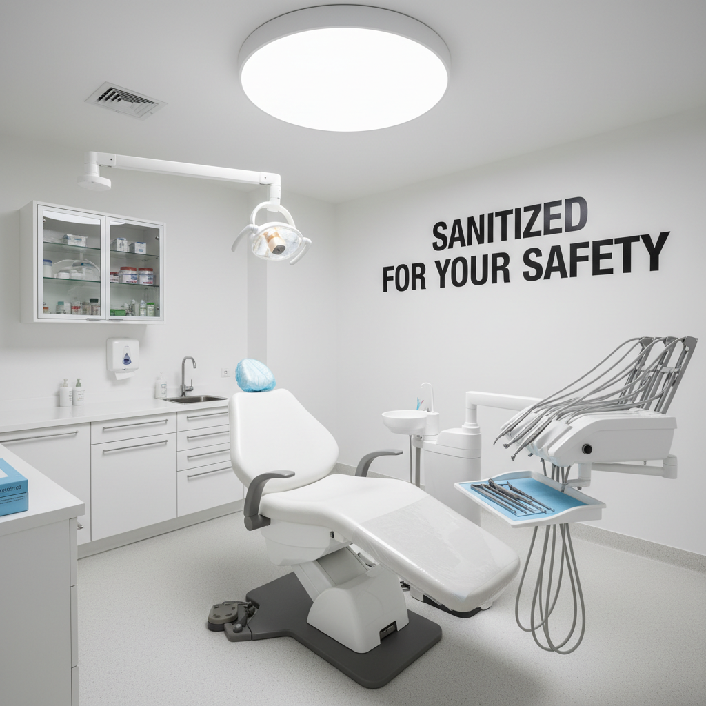 Clean dental exam room with sanitised equipment