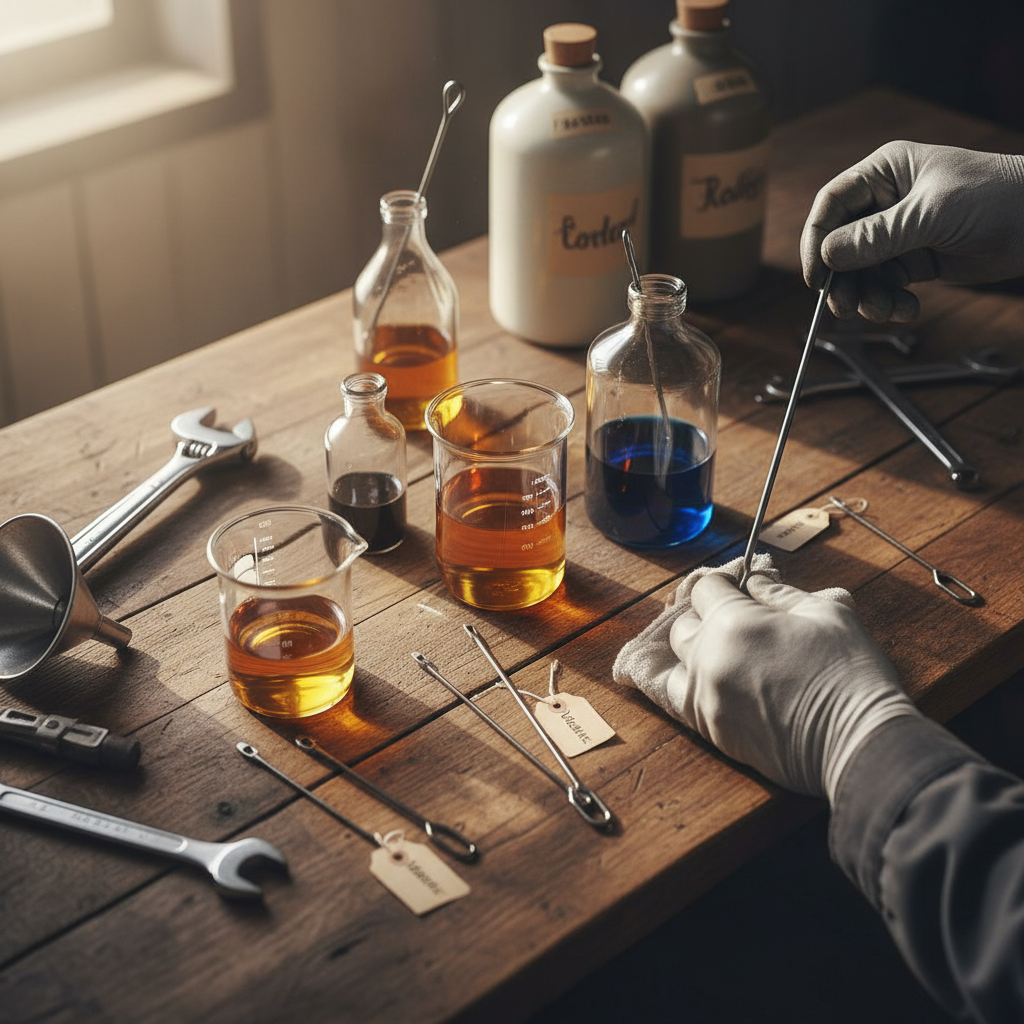 Regularly checking your coolant levels is the first line of defense against summer overheating. Technician checking fluid levels and coolant condition on a sunlit workbench.