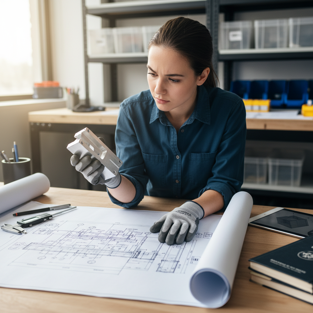 A thorough review of technical drawings early in the project prevents costly delays. Technical drawings and a sample metal component side by side on a professional workspace for review.