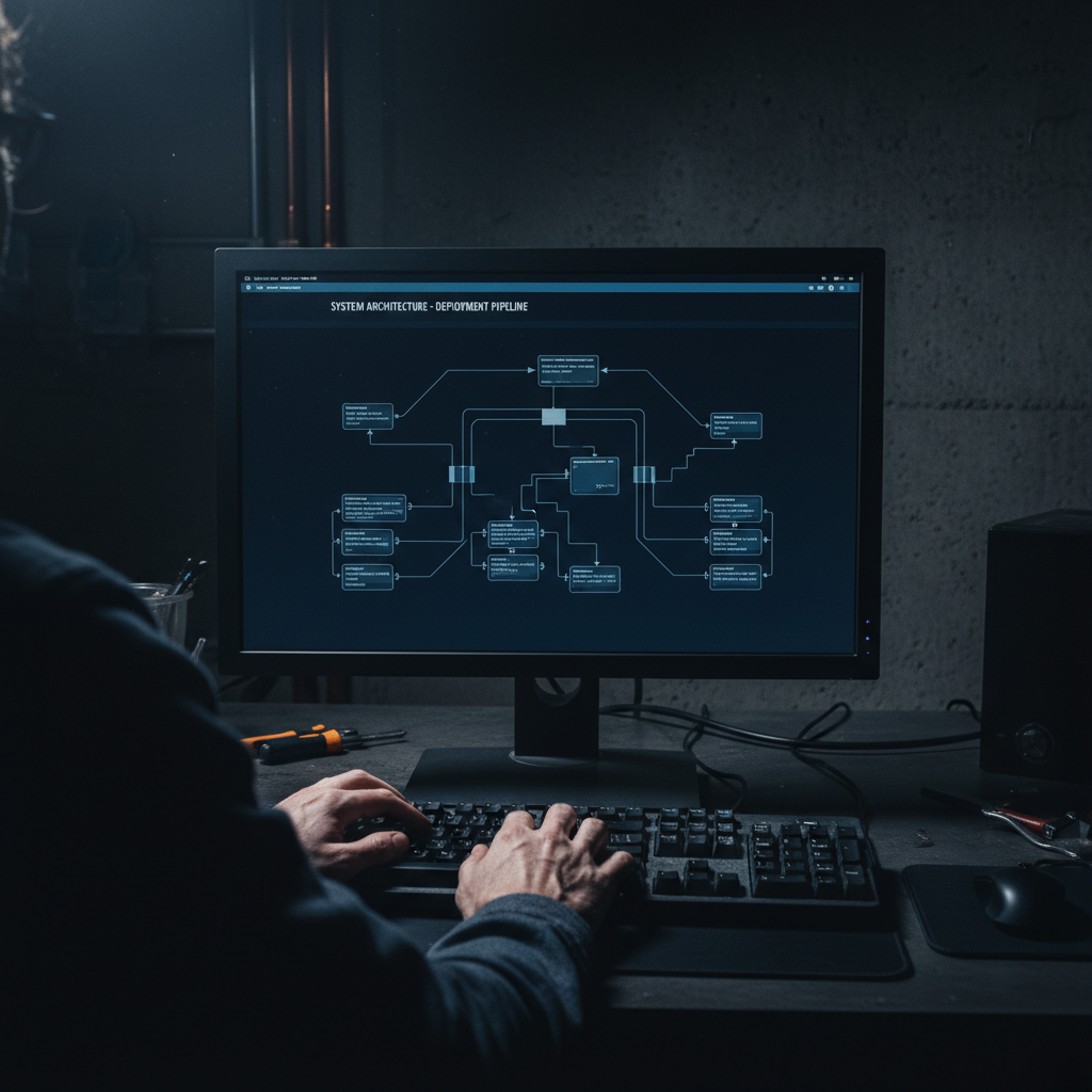 Microsoft Graph maps the complex relationships between people, content, and activities. Computer monitor displaying a complex workflow diagram with hands typing on a keyboard in shadows.
