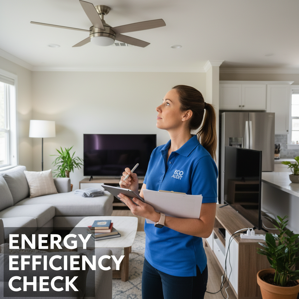 Professional inspectors gather data on your home's fixed assets to calculate an accurate 1 to 10 score. An energy inspector documenting home appliances and lighting to calculate an energy score.