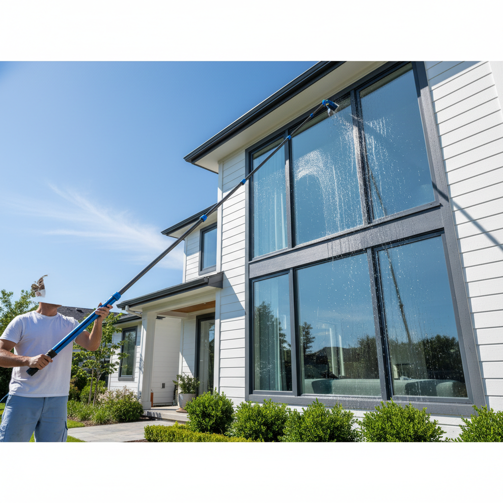 Spring is the ideal time to clear winter residue and restore your home's curb appeal. Telescopic water-fed pole reaching high second-story windows on a clear day.