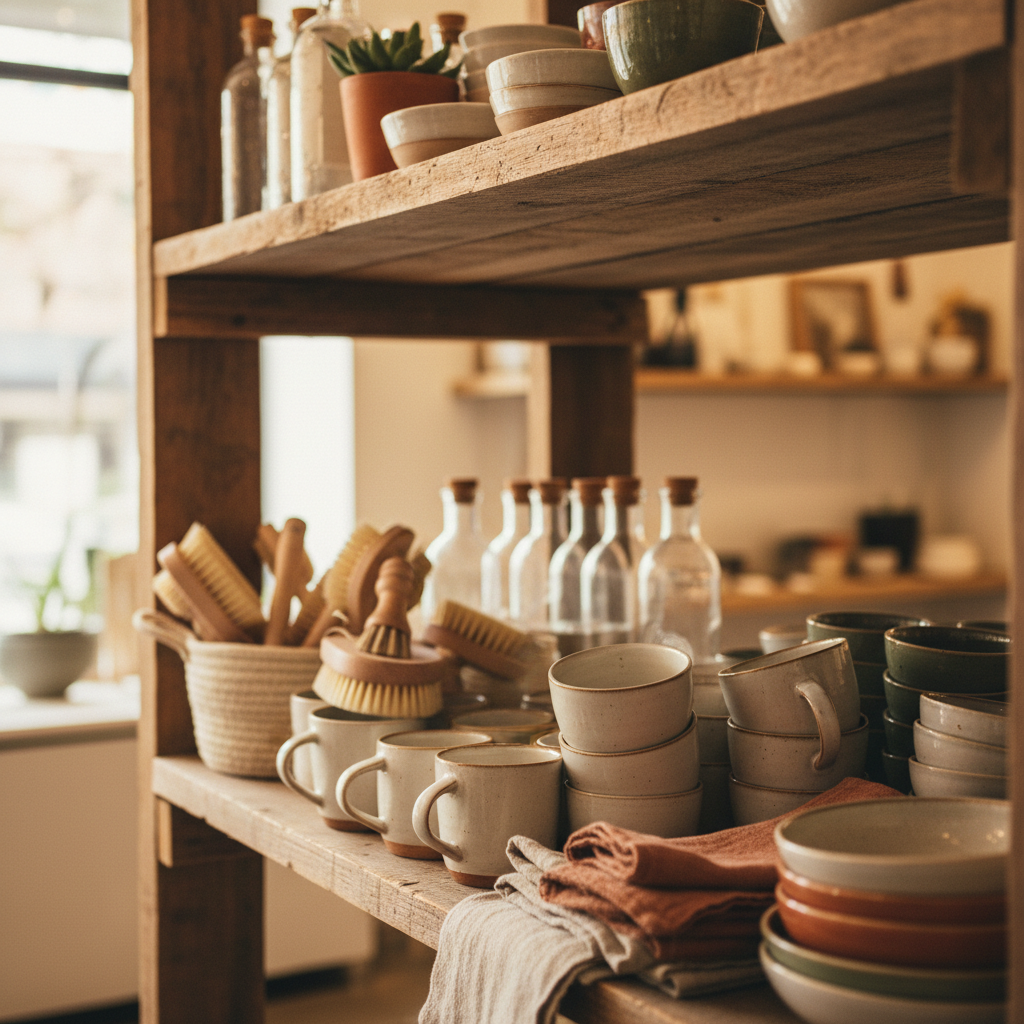Natural materials and textures are the foundation of a budget-friendly autumn home transformation. Close-up of curated home goods, textiles, and ceramics displayed on warm wooden shelving in a retail environment.