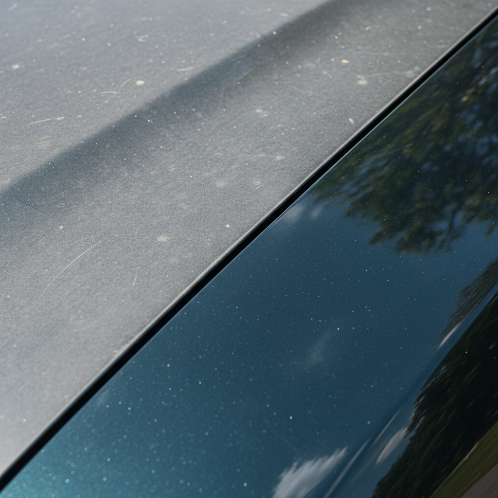 Paint correction can restore clarity but requires significant labor and expertise. Macro split shot of a car hood showing oxidized paint next to polished, reflective paint after correction.