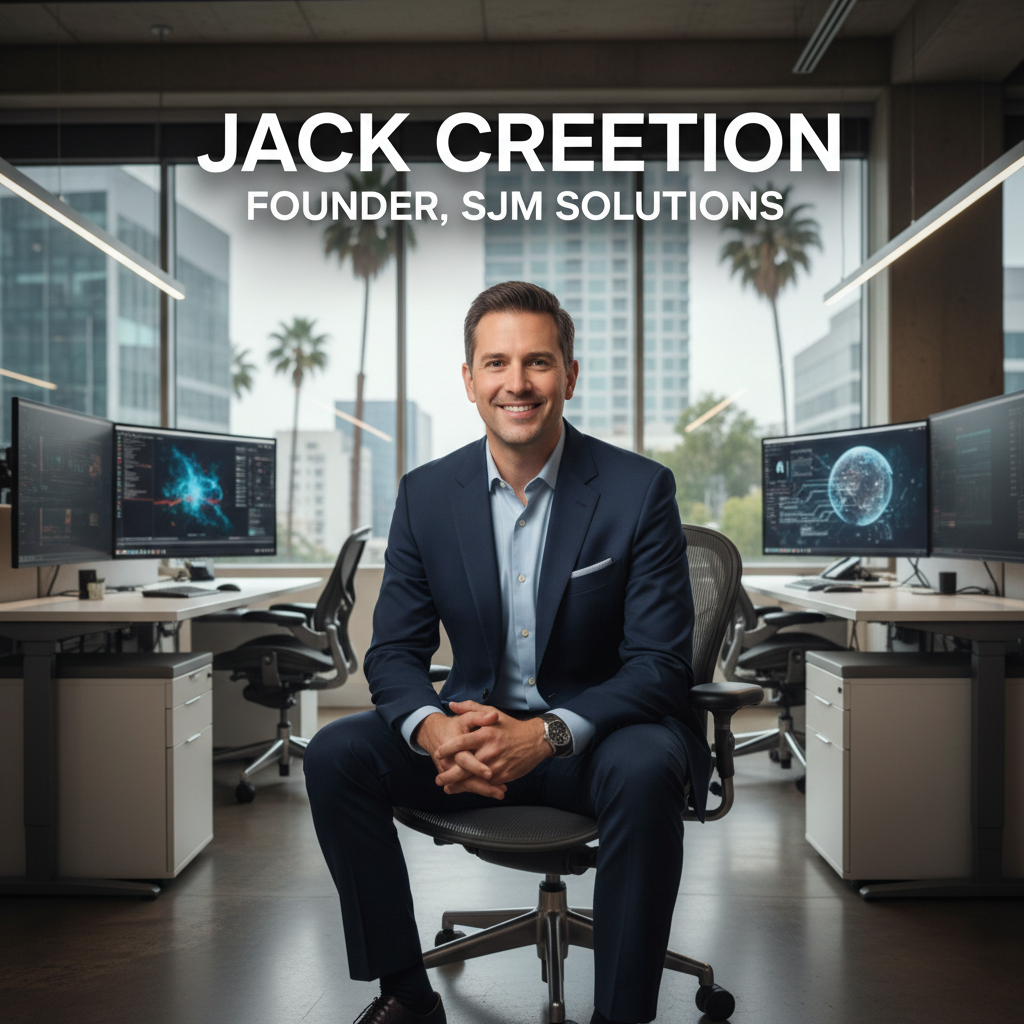 SJM Solutions founder Jack Creighton designs AI systems that capture every lead. Jack Creighton, Founder of SJM Solutions, sitting in a modern Los Angeles office representing expert AI automation services.