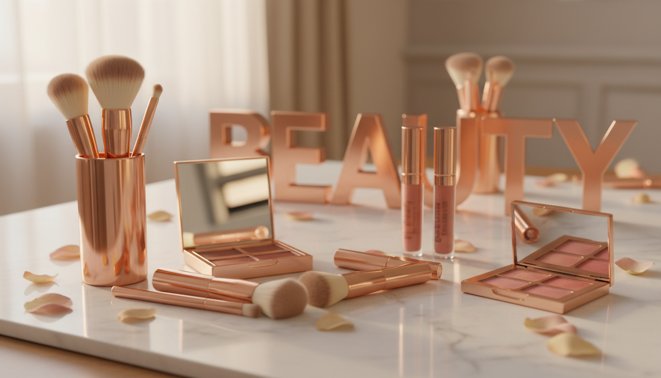 Professional grade tools and luxury products are essential for achieving both soft and full glam finishes. Luxury makeup brushes and rose gold cosmetics on a marble vanity with soft warm lighting.