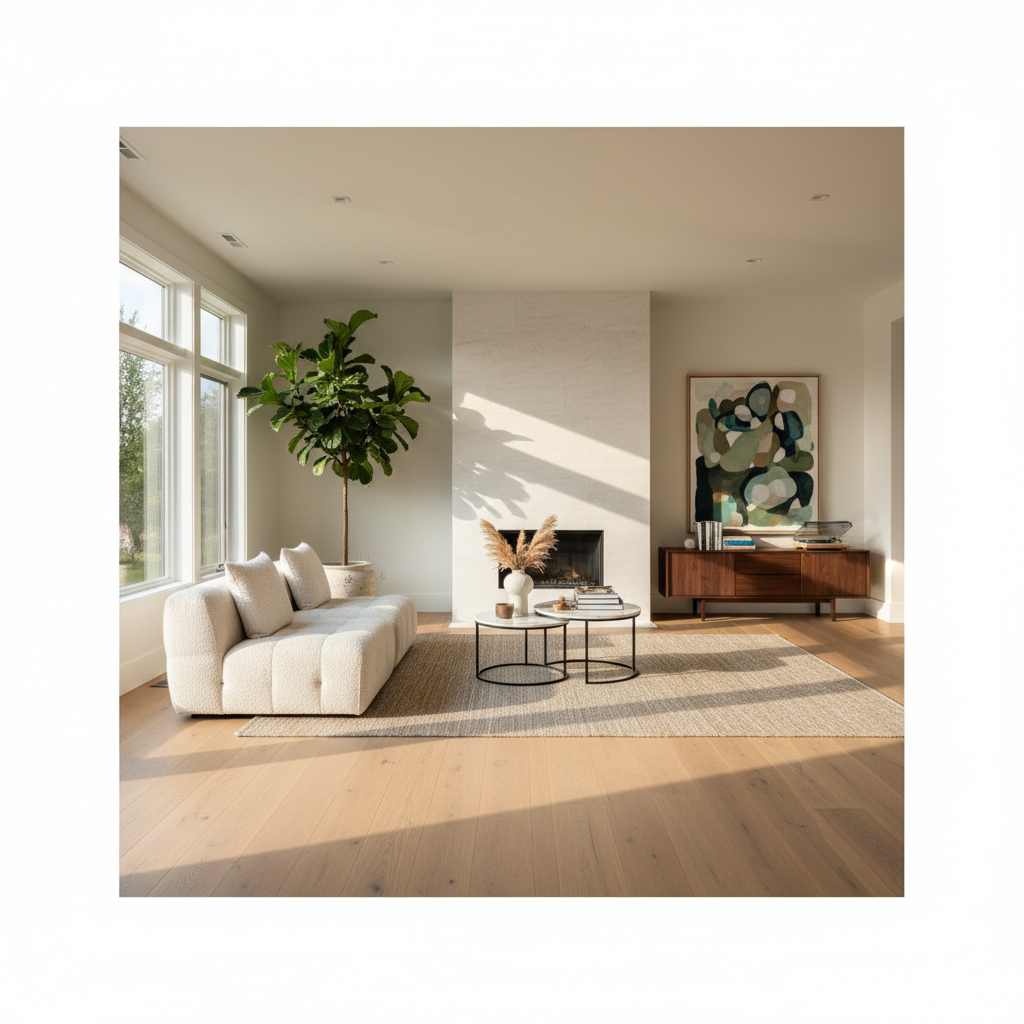 Hardwood floors create an inviting atmosphere in central living spaces. Warm hardwood flooring installation in a bright residential living room.