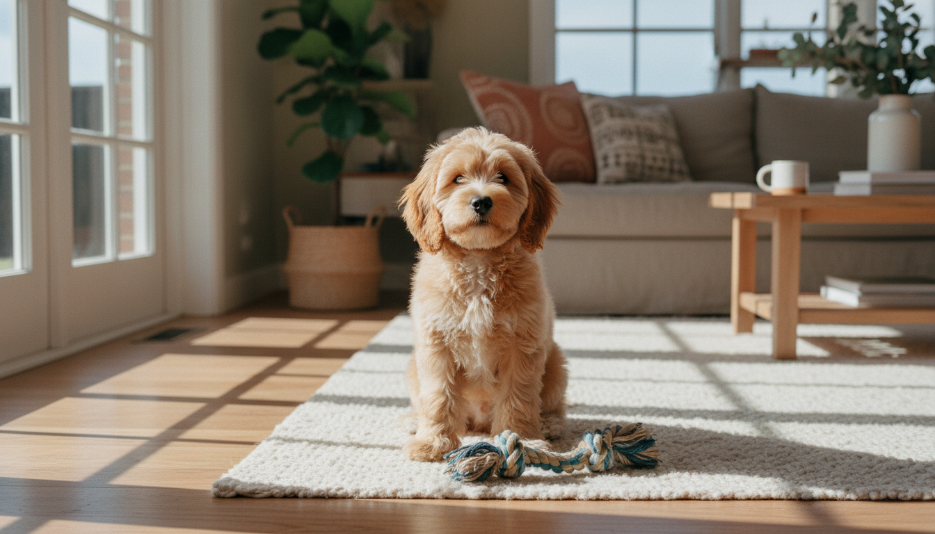 Indoor surfaces like rugs and tiles are the first step in building your puppy's tactile confidence. A puppy sitting on a soft indoor rug, demonstrating confidence on common household surfaces.