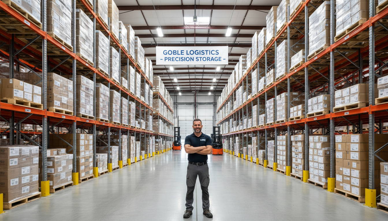Working with a local Ephraim partner ensures personal oversight of your manufacturing inventory. Sanpete Warehouse owner Jason Goble standing inside the organized storage facility in Ephraim.