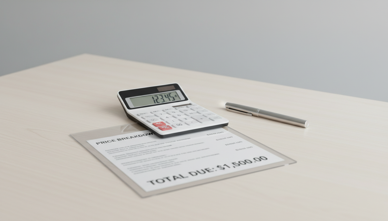 Gestionamos el pago de tasas e impuestos optimizando las exenciones para vehículos de más de 30 años. Calculadora y hoja de desglose de precios sobre un escritorio moderno con luz natural