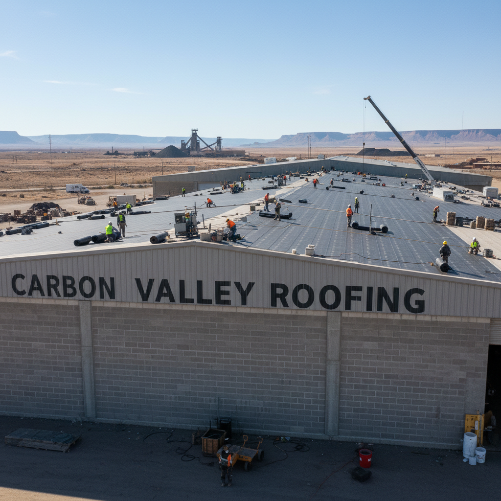 Commercial roofing systems must be chosen to handle both industrial heat and heavy winter loads. A wide shot of a commercial roofing project in progress in Carbon County.