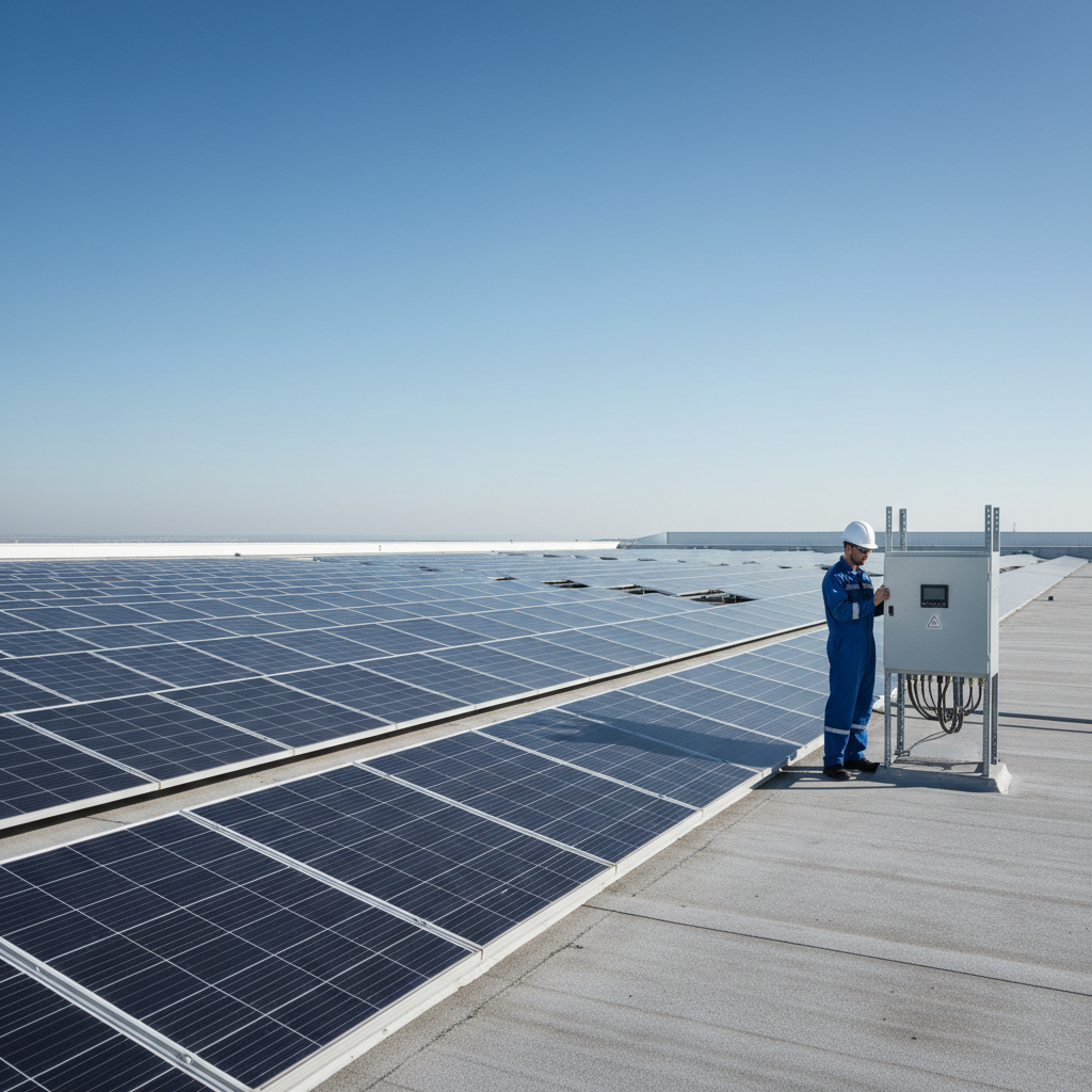La integración fotovoltaica potencia el ahorro al utilizar excedentes para la producción de frío. Paneles solares instalados en el tejado de una nave industrial con un ingeniero inspeccionando los inversores eléctricos.