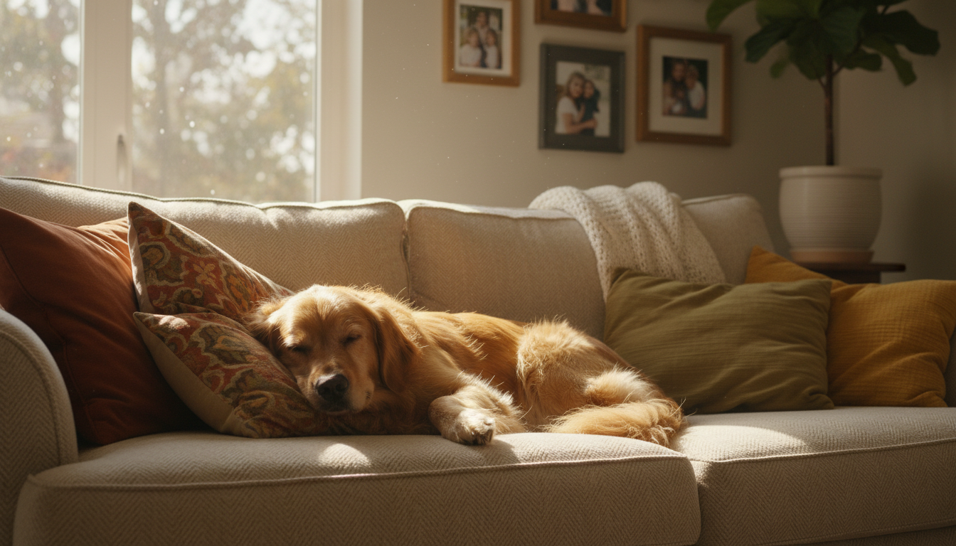 HB4540 prioritizes the stability and routine of the companion animal's daily environment. A calm dog resting on a couch with sunlight streaming through a window, representing a stable environment.