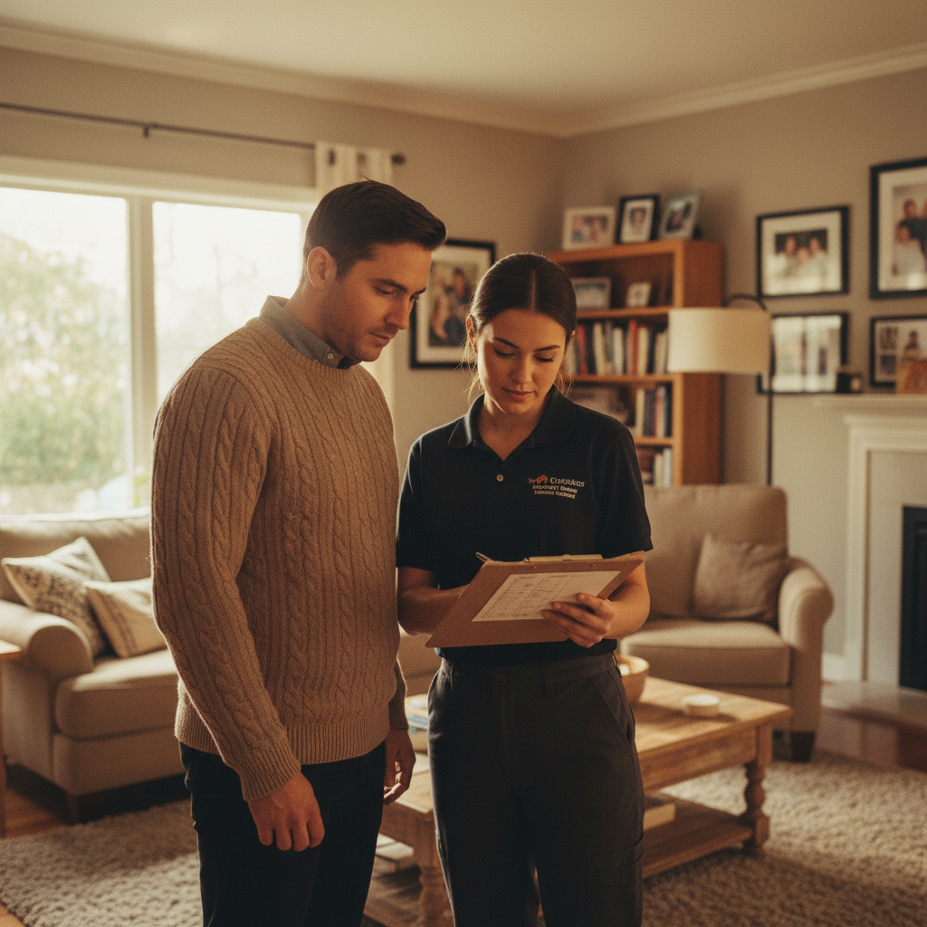 Professional maintenance includes a detailed report of your system's health and safety. HVAC technician and a homeowner reviewing a maintenance checklist and paperwork in a living room.