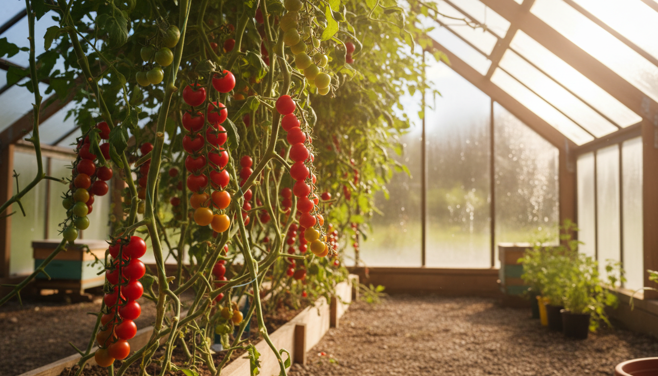 Vine-ripening is the secret to developing the complex sugars and aromas found in local tomatoes. Close up of ripe red and golden cherry tomatoes growing on a vine inside a sunlit greenhouse.