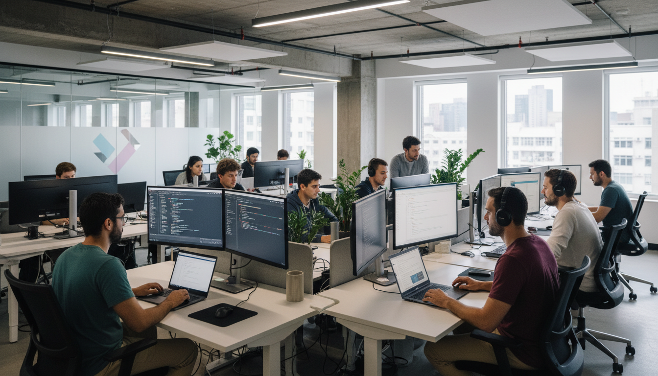 Effective management requires the right tools and a clear daily workflow to bridge the distance. Software developers and backend specialists working at modern office desks with multiple monitors.