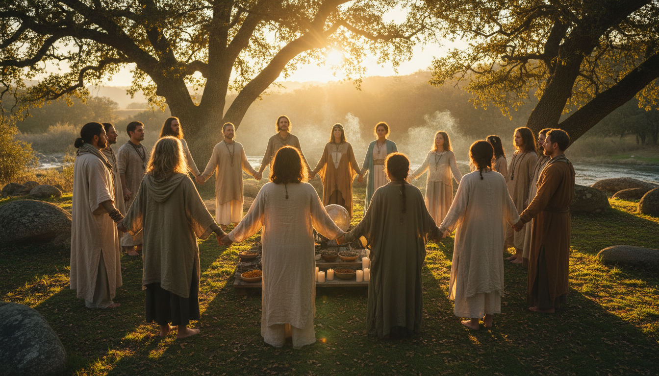 True community in Mansfield is built when we share our journeys and support one another. A diverse group of people in a circle holding hands during a spiritual gathering with warm golden lighting.