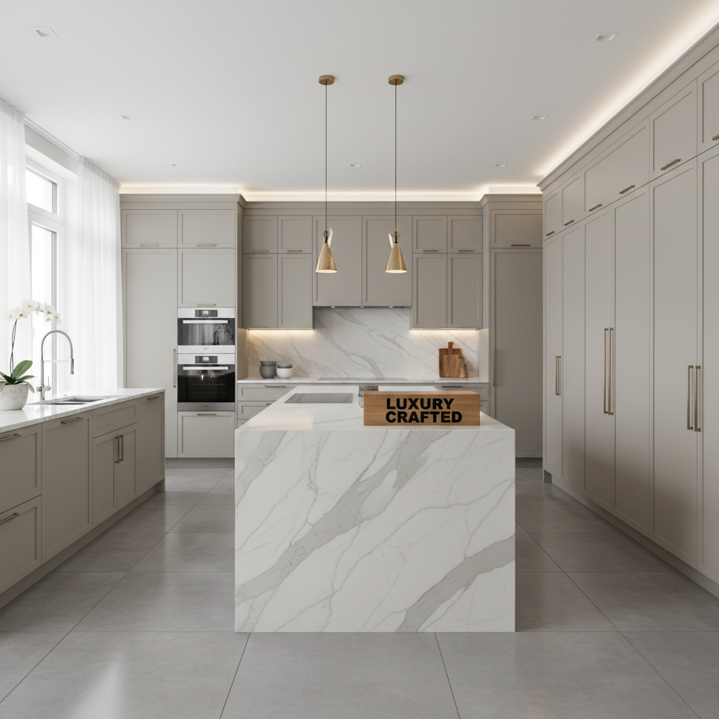 Understated elegance starts with precision cabinetry and high-quality wood finishes. Detail of high end kitchen cabinetry installation showing modern wood grain and precise finishing.