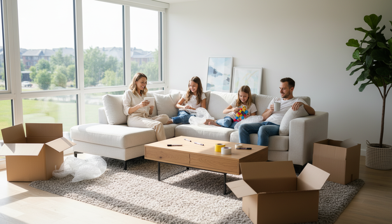 Working with a cash buyer can turn a stressful lien situation into a fresh start quickly. A family happily unpacking boxes in their new living room after a successful property closing.
