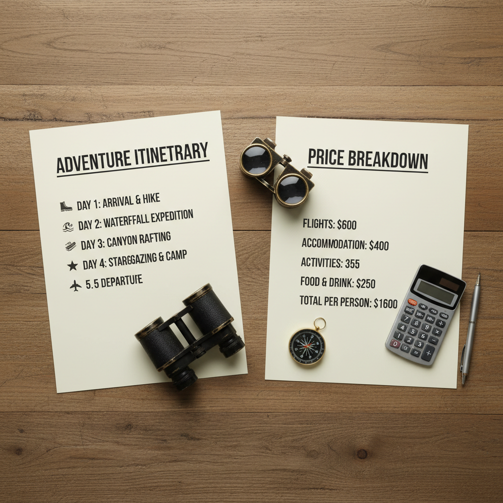 Careful itinerary planning ensures you maximize your travel time from Hyderabad during the shoulder season. A detailed travel itinerary and price breakdown laid out on a wooden table with planning notes.