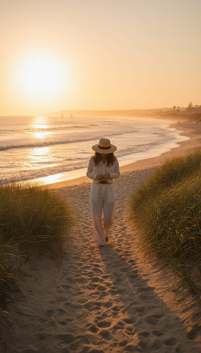 Navigating the gap between inner change and outer reality often feels like a solitary path. Woman walking alone on a quiet beach path at golden hour, representing the solitary journey of deconstruction.
