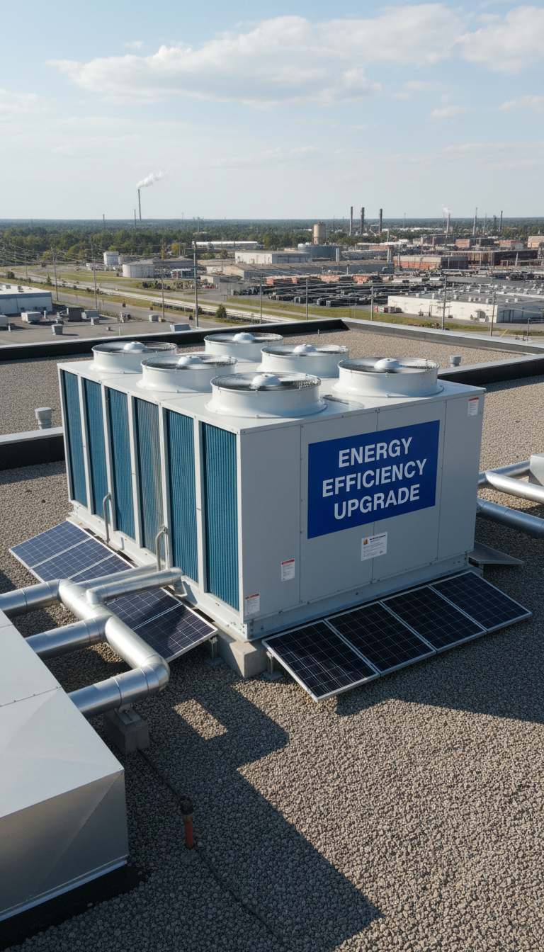 Las cubiertas industriales en Valencia son activos estratégicos para la generación de energía solar. Unidad de condensación en el tejado de un edificio industrial para mejorar la eficiencia energética.