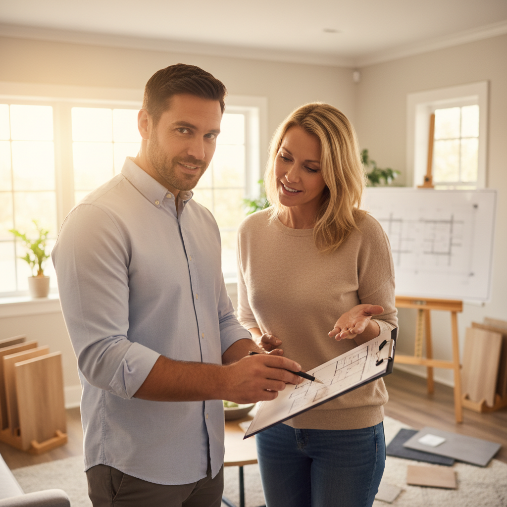 Local experts provide personalized consultations that ensure your project stays on budget and meet expectations. A flooring professional discussing installation details and samples with a homeowner in their home.