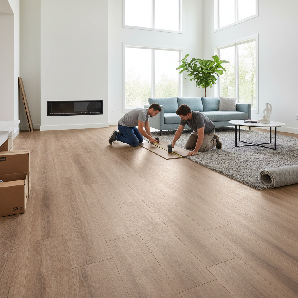 Building up allows homeowners to maximize interior square footage without sacrificing precious yard space. Luxury vinyl plank flooring installed in a bright modern living room of a new second story addition.