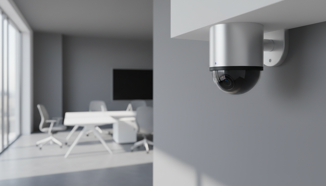Continuous monitoring is often a prerequisite for high-level cyber liability coverage in 2026. A modern, sleek indoor security camera mounted in a professional office corner with natural light.