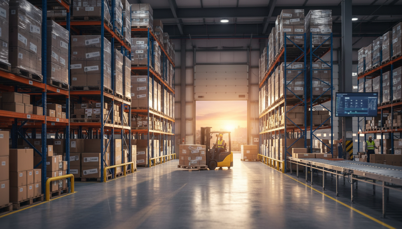 Managing inbound freight effectively can save small businesses thousands in hidden vendor markups. A busy warehouse at dawn with pallet racks and a forklift operator preparing for inbound shipments.