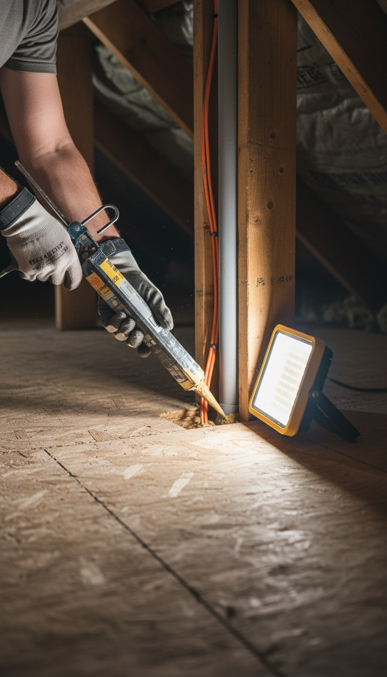 Air sealing attic penetrations is critical for stopping humid Louisiana air from entering your home. Contractor using a caulk gun to seal air leaks around electrical wiring penetrations in a wooden attic frame.