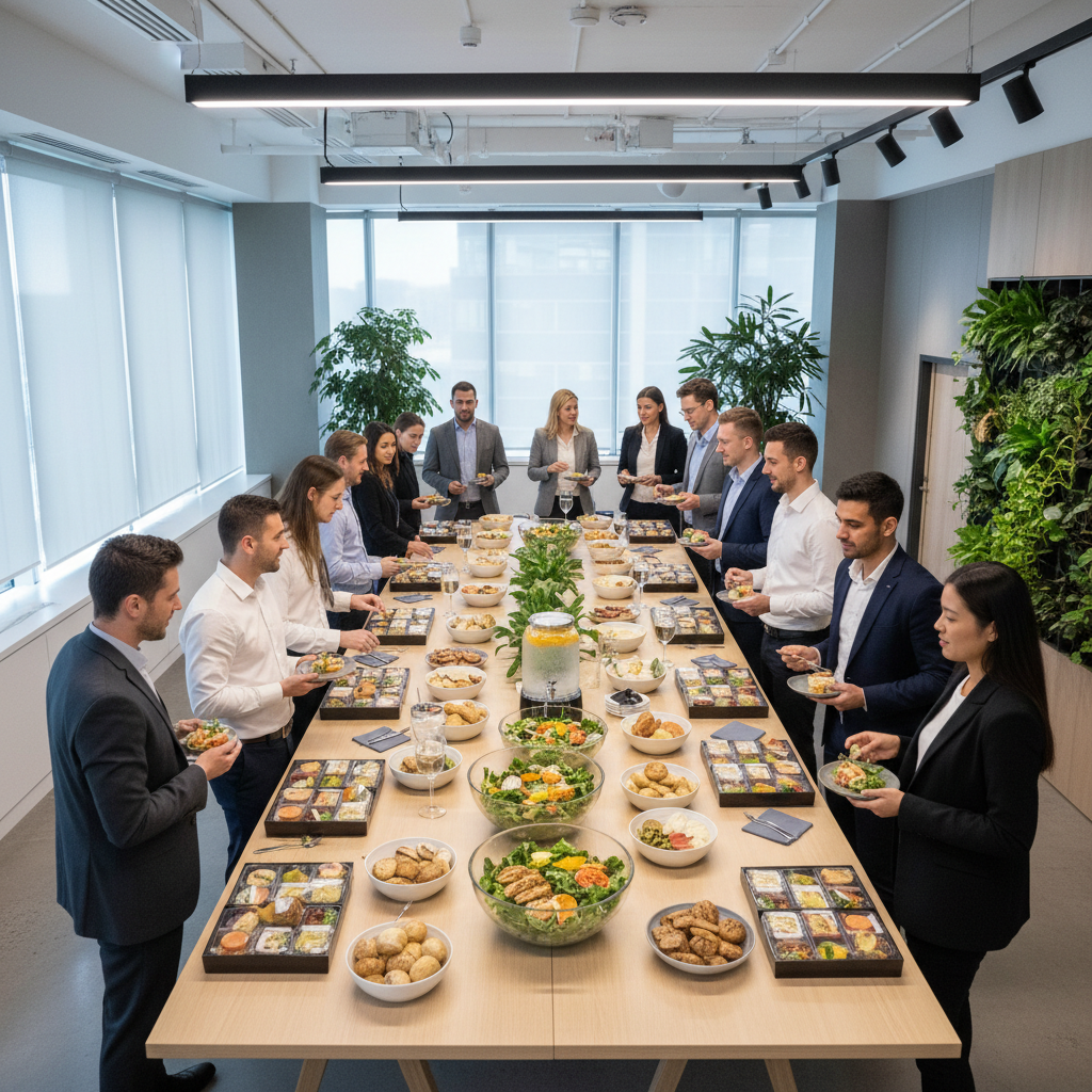 Corporate lunch buffets are a cost-effective way to feed professional teams. Modern office breakout area with neatly arranged gourmet lunch boxes and salad bowls.