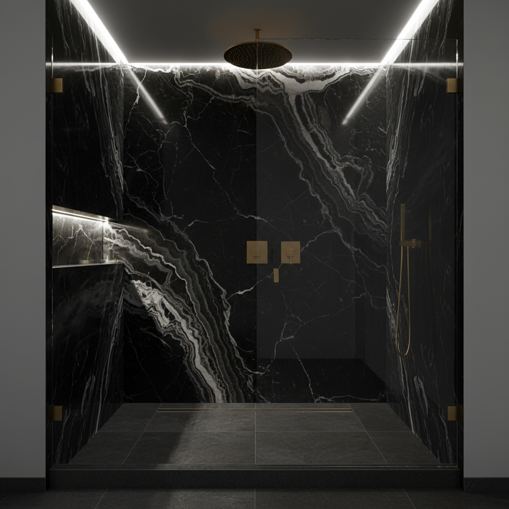 Pairing glass doors with solid surface panels like Onyx creates a modern, low-maintenance look. Modern Onyx solid surface shower panels providing a clean grout-free backdrop for a glass door.