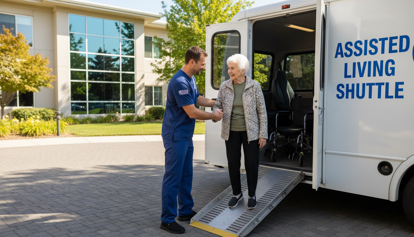 Professional assistance and specialized vehicles are key components of NEMT pricing structures. Professional medical driver in uniform assisting a senior patient into a wheelchair accessible vehicle using a ramp.
