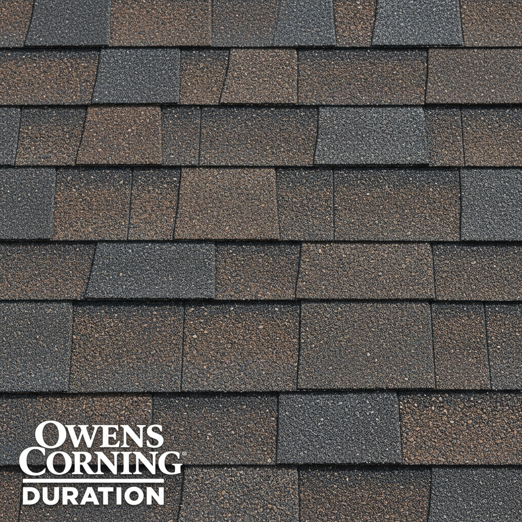 Architectural shingles like Owens Corning Duration are the top choice for Charlotte homeowners in 2026. Close up of Owens Corning Duration asphalt shingle texture used for residential roofing in Charlotte.