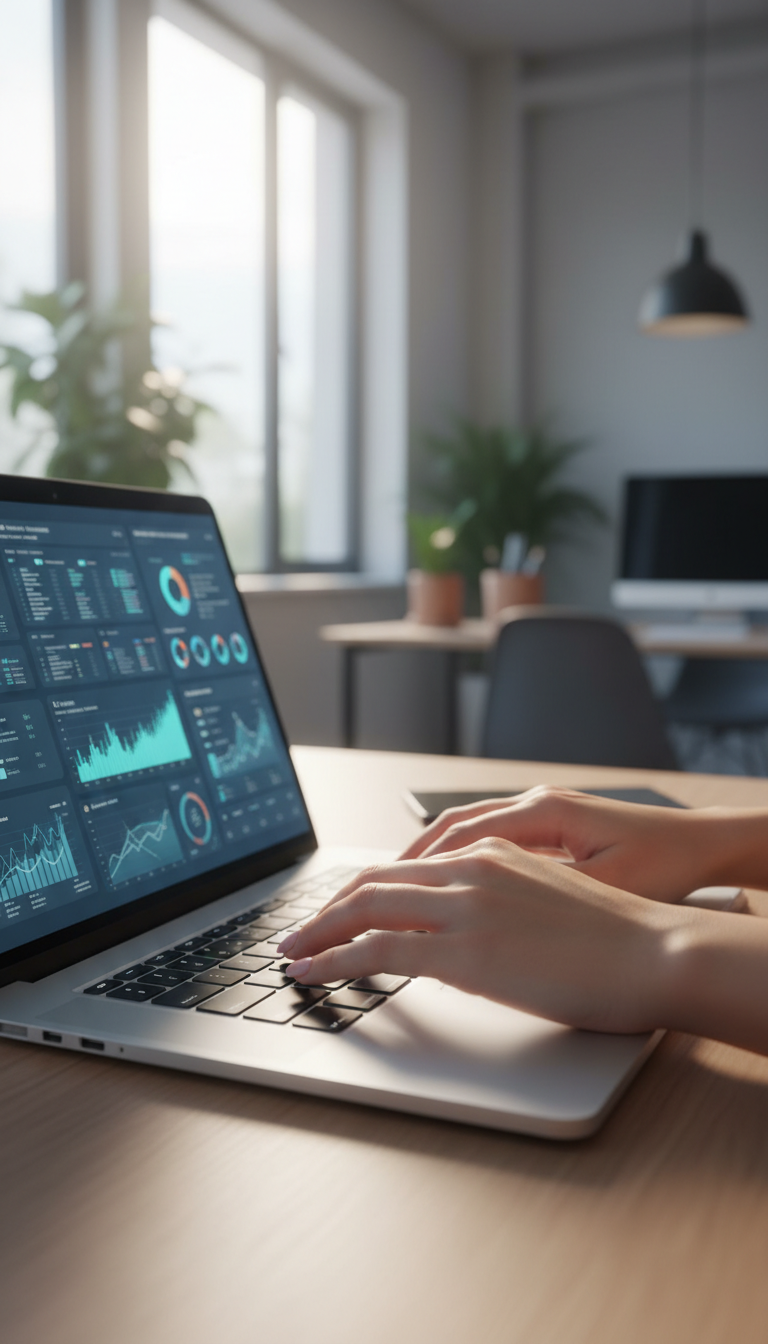 La protezione locale dei file inizia con l'uso corretto degli strumenti di archiviazione. Mani di una persona che digitano su una tastiera di un laptop in un ufficio moderno, focalizzate sulla sicurezza dei dati locali.