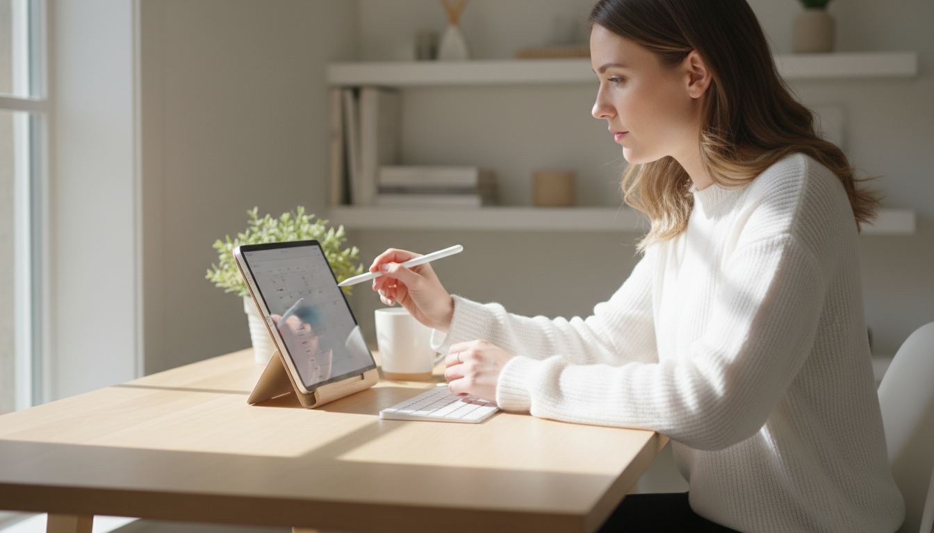 Consistent review sessions are the key to maintaining momentum over a five year journey. A woman at a sunlit home office desk using a stylus to check off tasks on a digital planner tablet.