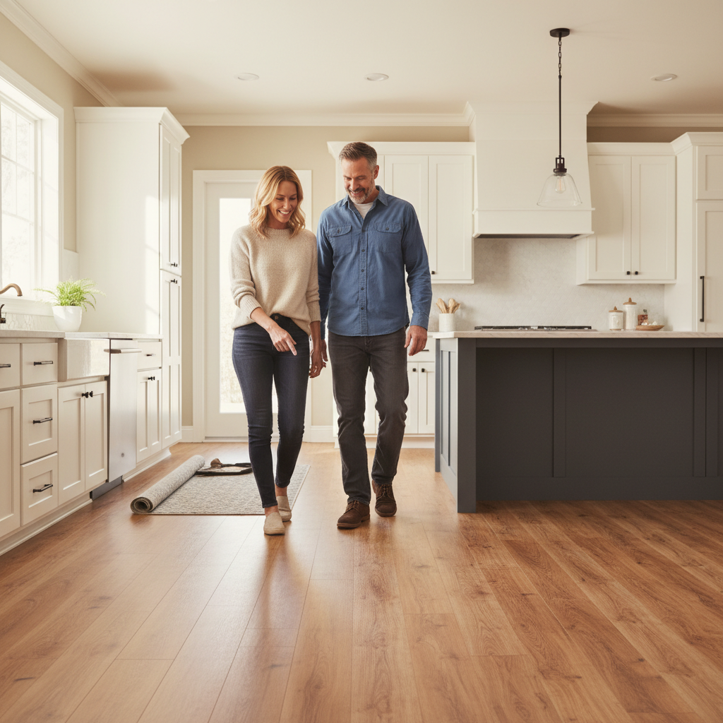 Consulting with a local professional helps determine a realistic budget for your custom island project. A Tri-Cities contractor and homeowner discussing the details of a newly finished kitchen renovation.
