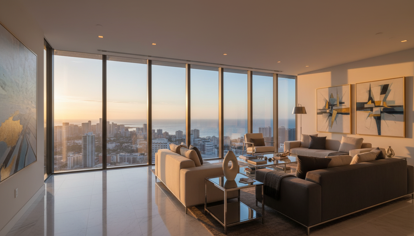 Vertical luxury: High-rise developments in Medellin's El Poblado district offer modern sophistication and high ROI. A luxury penthouse living room with floor-to-ceiling windows overlooking a modern coastal city skyline.