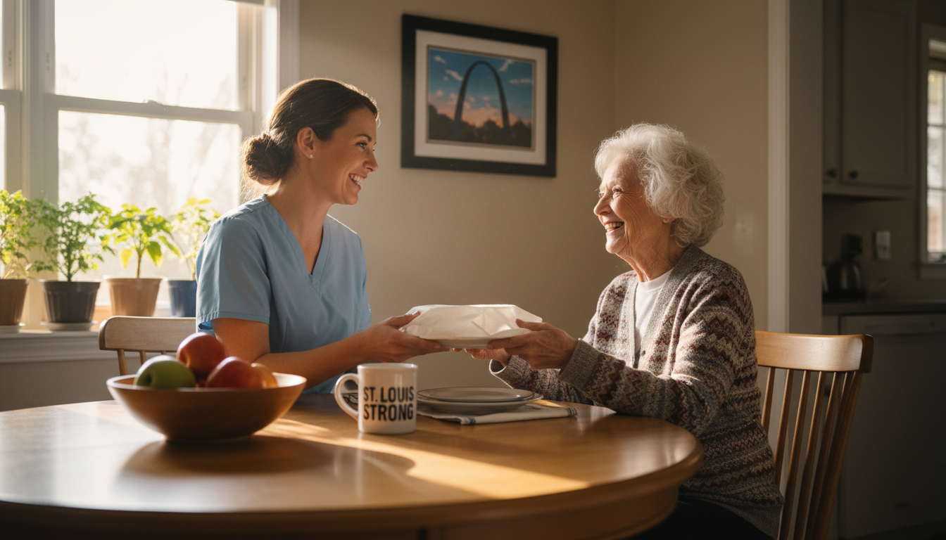 Meal support and companionship are cornerstones of the first week's routine. Caregiver handing a meal tray to a smiling senior woman in a St. Louis kitchen.