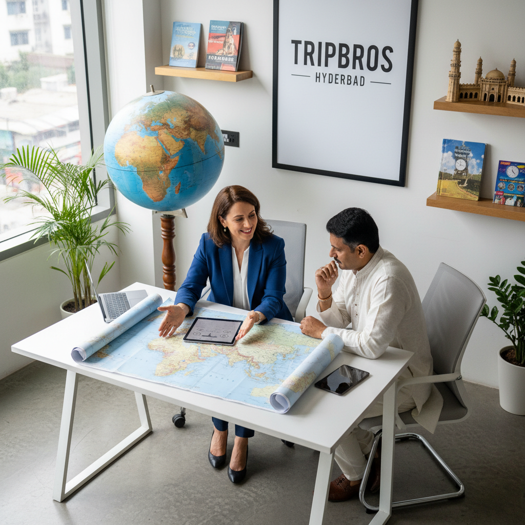A human travel planner provides the accountability and expertise AI cannot replicate. Travel planner reviewing a route map with a client at a desk, showing professional consultation.