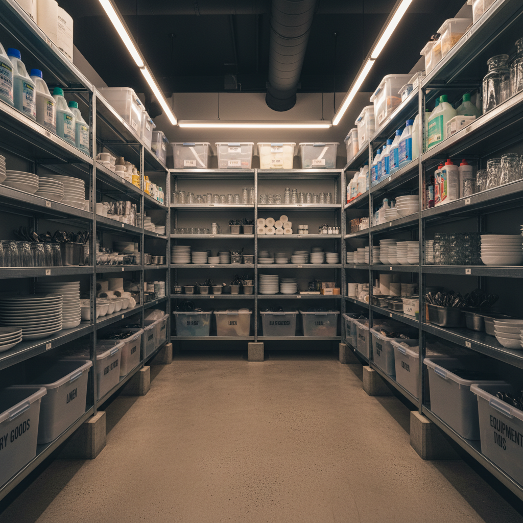Effective inventory management starts with an organized storage system, especially in compact food truck environments. Organized back-of-house storage area with metal shelving stocked with boxes of restaurant supplies and disposables.