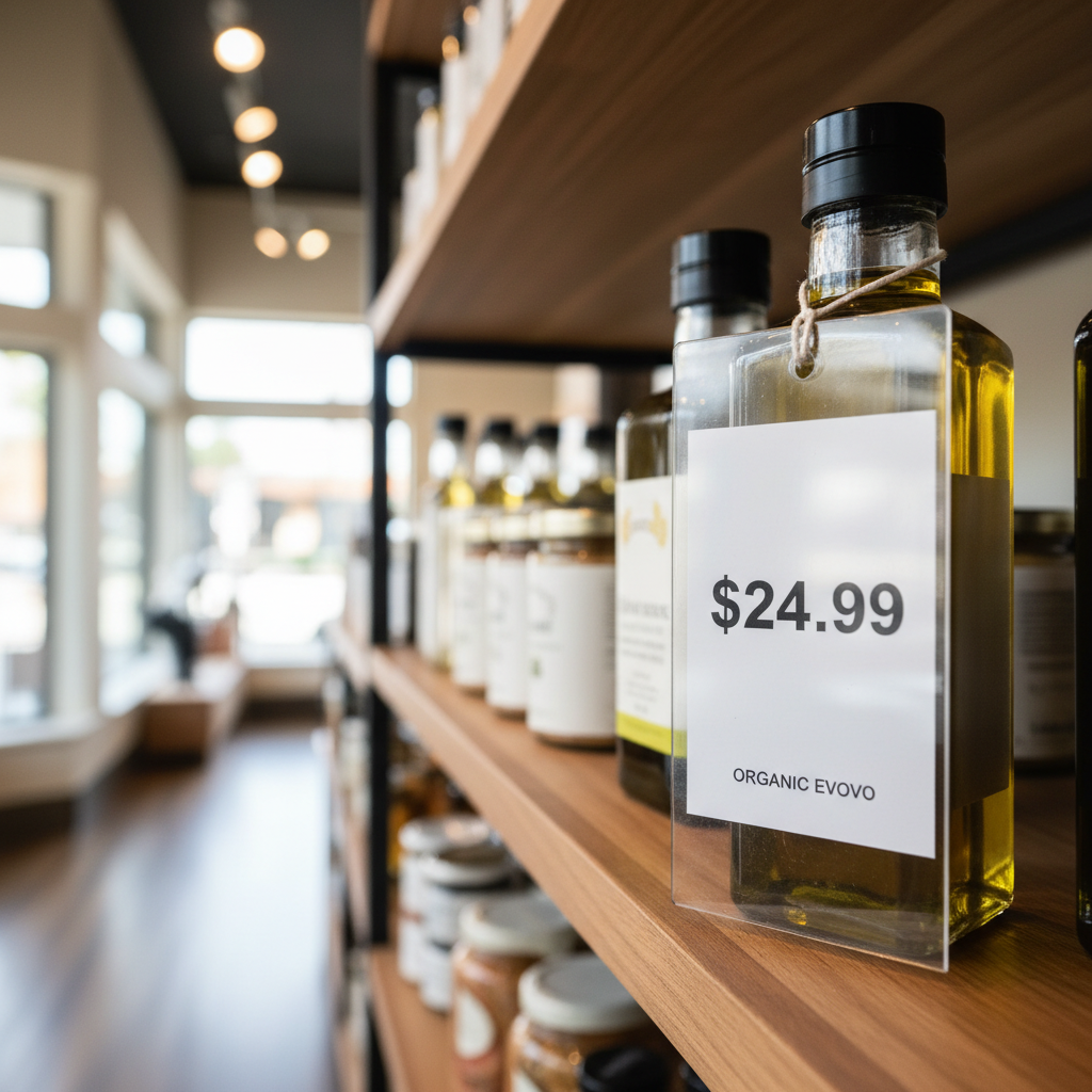 Transparent pricing and local tax contributions keep Fillmore's economy thriving. A clear, legible price tag on a retail shelf in a Fillmore store, representing honest and straightforward local pricing.