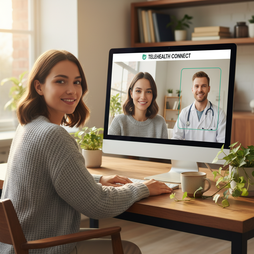 Telehealth DPC visits fit into your Fort Myers lifestyle, on your schedule. Person sitting at a desk in a modern home office engaged in a video call with their healthcare provider