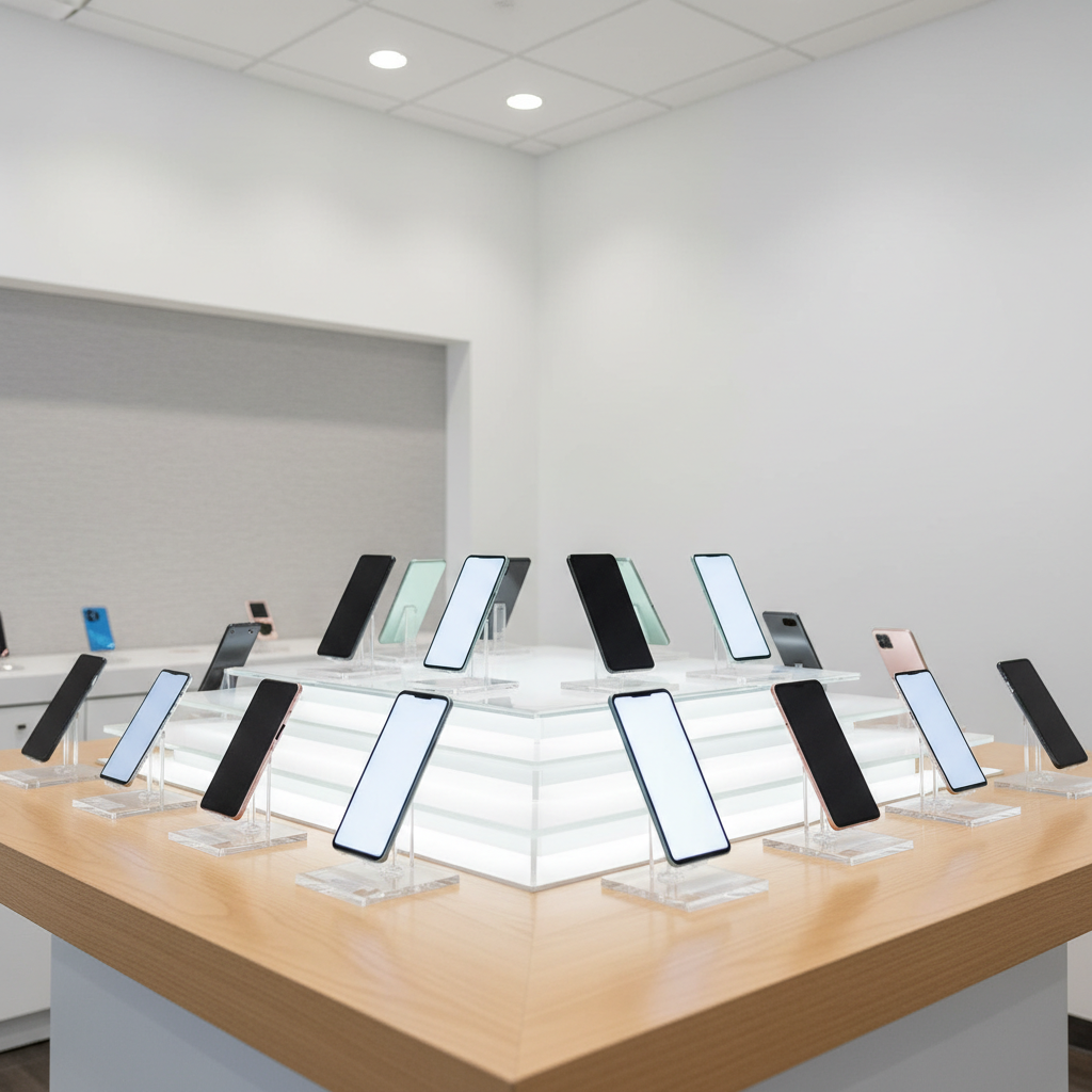 Comparing different models side by side helps you understand which devices hold the most trade-in value. A wide variety of smartphones and tablets displayed on tiered stands in a bright, modern retail environment.